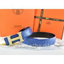 Replica Hot Hermes Reversible Belt Blue/Black Ostrich Stripe Leather With 18K Gold Wave Stripe H Buckle