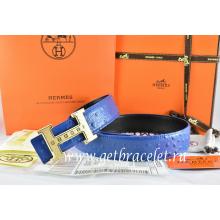 Hermes Reversible Belt Blue/Black Ostrich Stripe Leather With 18K Gold Weave Stripe H Buckle Replica