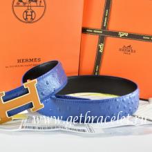 Faux Cheap Hermes Reversible Belt Blue/Black Ostrich Stripe Leather With 18K Orange Gold Width H Buckle