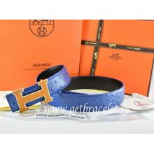 Faux Cheap Hermes Reversible Belt Blue/Black Ostrich Stripe Leather With 18K Orange Gold Width H Buckle