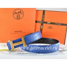 Knockoff Hermes Reversible Belt Blue/Black Ostrich Stripe Leather With 18K Orange Silver Narrow H Buckle