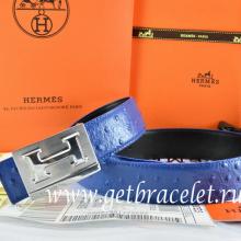 Copy Hermes Reversible Belt Blue/Black Ostrich Stripe Leather With 18K Silver Big H Buckle