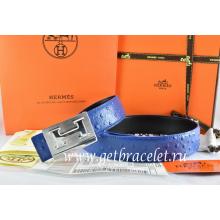 Copy Hermes Reversible Belt Blue/Black Ostrich Stripe Leather With 18K Silver Big H Buckle