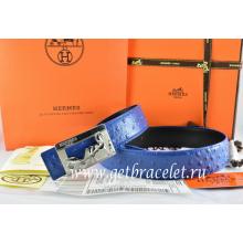 Copy Hermes Reversible Belt Blue/Black Ostrich Stripe Leather With 18K Silver Coach Buckle