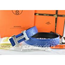 High Quality Hermes Reversible Belt Blue/Black Ostrich Stripe Leather With 18K Silver Geometric Stripe H Buckle