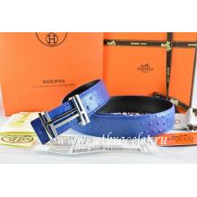 Hermes Reversible Belt Blue/Black Ostrich Stripe Leather With 18K Silver H Au Carre Buckle