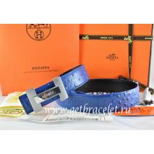 Hermes Reversible Belt Blue/Black Ostrich Stripe Leather With 18K Silver H Logo Buckle