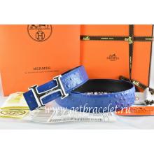 High End Imitation Hermes Reversible Belt Blue/Black Ostrich Stripe Leather With 18K Silver Idem With Logo Buckle