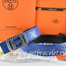 Imitation AAA Hermes Reversible Belt Blue/Black Ostrich Stripe Leather With 18K Silver Lace Strip H Buckle
