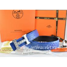 Hermes Reversible Belt Blue/Black Ostrich Stripe Leather With 18K Silver Spot Stripe H Buckle