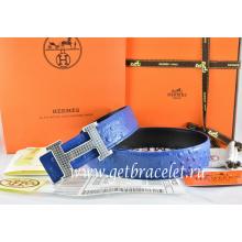 High End Hermes Reversible Belt Blue/Black Ostrich Stripe Leather With 18K Silver Wave Stripe H Buckle