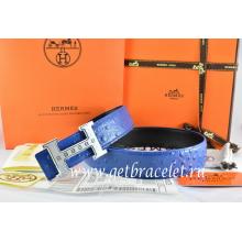 Knockoff Hermes Reversible Belt Blue/Black Ostrich Stripe Leather With 18K Silver Weave Stripe H Buckle