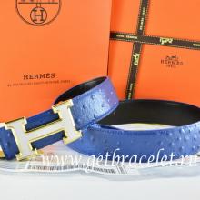 Hermes Reversible Belt Blue/Black Ostrich Stripe Leather With 18K White Gold H Buckle Replica