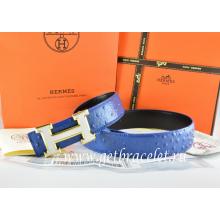 Hermes Reversible Belt Blue/Black Ostrich Stripe Leather With 18K White Gold H Buckle Replica