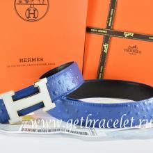 Hermes Reversible Belt Blue/Black Ostrich Stripe Leather With 18K White Silver H Buckle Replica