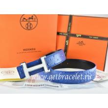 Knockoff Designer Hermes Reversible Belt Blue/Black Ostrich Stripe Leather With 18K White Silver Narrow H Buckle