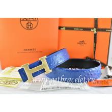 Knockoff Hermes Reversible Belt Blue/Black/Black Ostrich Stripe Leather With 18K Drawbench Gold H Buckle