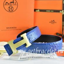 Replica Hermes Reversible Belt Blue/Black/Black Ostrich Stripe Leather With 18K Gold H Buckle