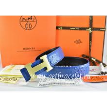 Replica Hermes Reversible Belt Blue/Black/Black Ostrich Stripe Leather With 18K Gold H Buckle