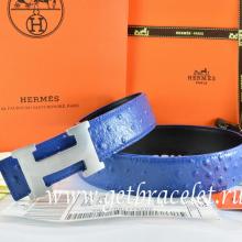 Hermes Reversible Belt Blue/Black/Black Ostrich Stripe Leather With 18K Silver H Buckle