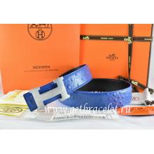 Hermes Reversible Belt Blue/Black/Black Ostrich Stripe Leather With 18K Silver H Buckle