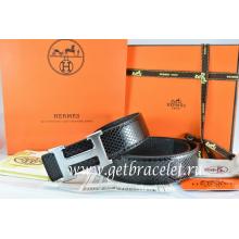 Hermes Reversible Belt Black/Black Snake Stripe Leather With 18K Drawbench Silver H Buckle