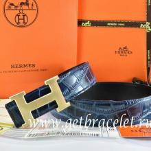 Replica Designer Hermes Reversible Belt Blue/Black Crocodile Stripe Leather With18K Drawbench Gold H Buckle