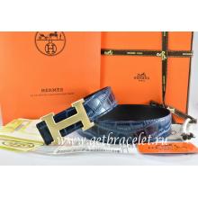 Replica Designer Hermes Reversible Belt Blue/Black Crocodile Stripe Leather With18K Drawbench Gold H Buckle