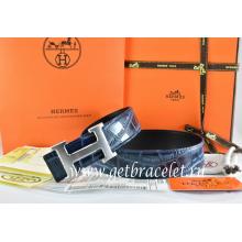 Hermes Reversible Belt Blue/Black Crocodile Stripe Leather With18K Drawbench Silver H Buckle