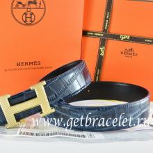 1:1 Hermes Reversible Belt Blue/Black Crocodile Stripe Leather With18K Gold Wave Stripe H Buckle