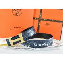 1:1 Hermes Reversible Belt Blue/Black Crocodile Stripe Leather With18K Gold Wave Stripe H Buckle