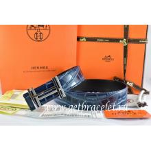 Luxury Imitation Hermes Reversible Belt Blue/Black Crocodile Stripe Leather With18K Silver H Au Carre Buckle