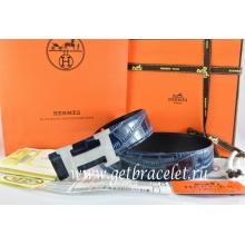 Hermes Reversible Belt Blue/Black Crocodile Stripe Leather With18K Silver H Buckle