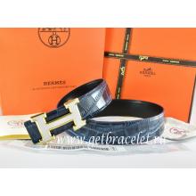 Hermes Reversible Belt Blue/Black Crocodile Stripe Leather With18K White Gold H Buckle