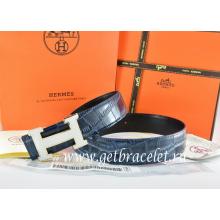 Replica Cheap Hermes Reversible Belt Blue/Black Crocodile Stripe Leather With18K White Silver H Buckle