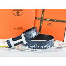 Hermes Reversible Belt Blue/Black Crocodile Stripe Leather With18K White Silver Narrow H Buckle