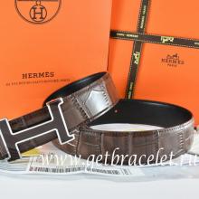 Hermes Reversible Belt Brown/Black Crocodile Stripe Leather With18K Black Silver H Buckle
