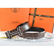 Hermes Reversible Belt Brown/Black Crocodile Stripe Leather With18K Black Silver H Buckle