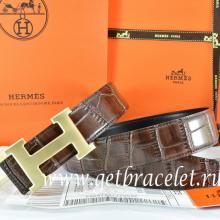 Fake Hermes Reversible Belt Brown/Black Crocodile Stripe Leather With18K Drawbench Gold H Buckle