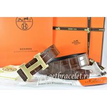 Fake Hermes Reversible Belt Brown/Black Crocodile Stripe Leather With18K Drawbench Gold H Buckle