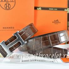Replica Hermes Reversible Belt Brown/Black Crocodile Stripe Leather With18K Drawbench Silver H Buckle