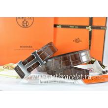 Replica Hermes Reversible Belt Brown/Black Crocodile Stripe Leather With18K Drawbench Silver H Buckle