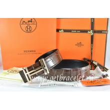 Replica Hermes Reversible Belt Brown/Black Crocodile Stripe Leather With18K Gold H Au Carre Buckle