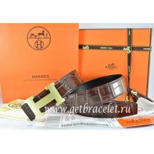 Hermes Reversible Belt Brown/Black Crocodile Stripe Leather With18K Gold H Buckle