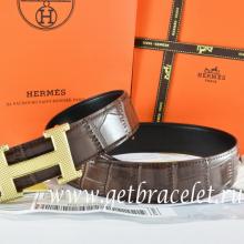 Faux Hermes Reversible Belt Brown/Black Crocodile Stripe Leather With18K Gold Wave Stripe H Buckle