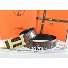 Faux Hermes Reversible Belt Brown/Black Crocodile Stripe Leather With18K Gold Wave Stripe H Buckle