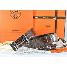 1:1 Hermes Reversible Belt Brown/Black Crocodile Stripe Leather With18K Silver H Au Carre Buckle