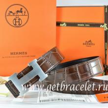 Fake AAA Hermes Reversible Belt Brown/Black Crocodile Stripe Leather With18K Silver H Buckle