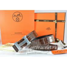 Fake AAA Hermes Reversible Belt Brown/Black Crocodile Stripe Leather With18K Silver H Buckle