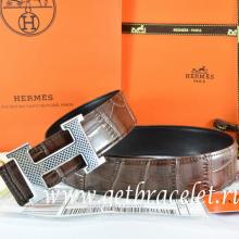 Designer Hermes Reversible Belt Brown/Black Crocodile Stripe Leather With18K Silver Wave Stripe H Buckle